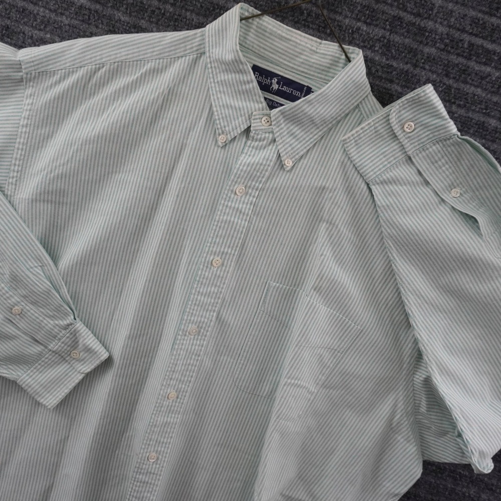 Vintage 90s Ralph Lauren Button Down Shirt Mens XL Green Striped Big Oxford